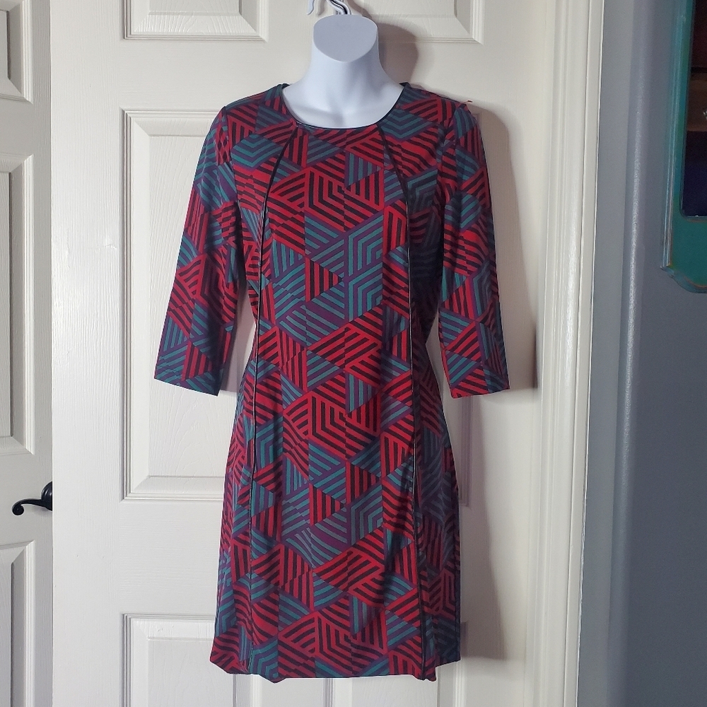 Tracy Negoshian Burgundy Geometric Sheath Midi Dress Faux Leather Details Small